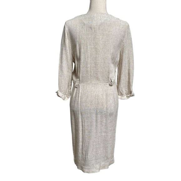 Peri Petites Flax Blend Button Front Midi Dress Beige Linen Look Made in USA M - Picture 12 of 15